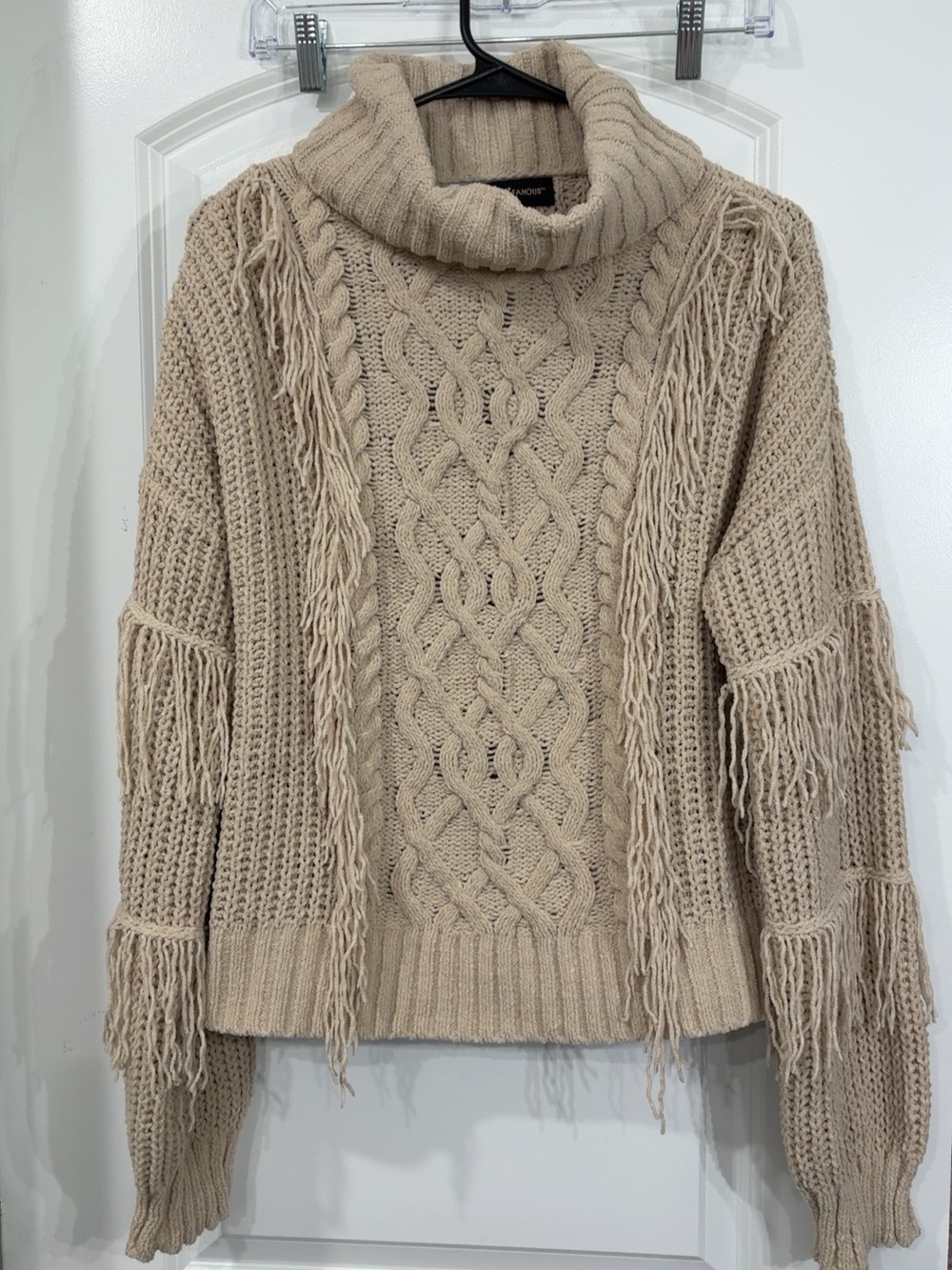 Almost Famous Cream Cable-Knit Turtleneck Sweater with Fringe